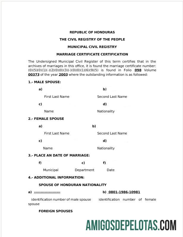 Certidão de Casamento do Registro Civil de Honduras amostra